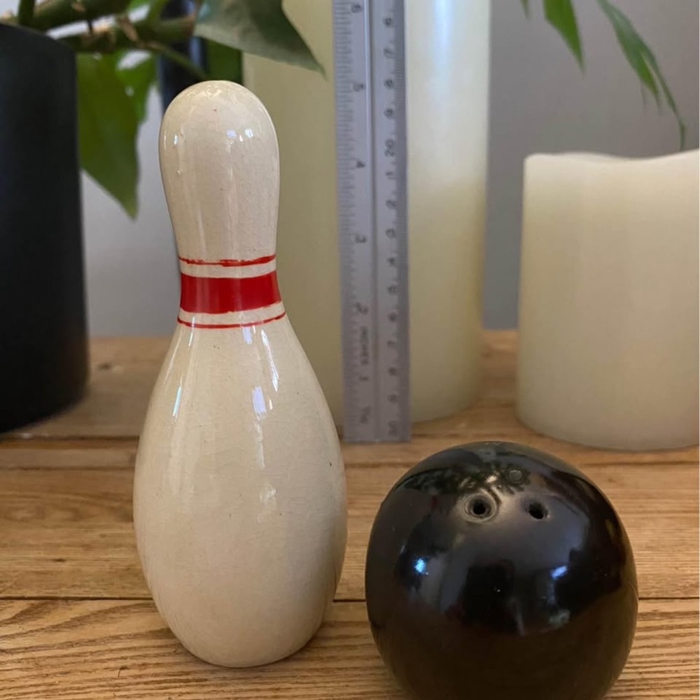 Vintage Bowling Pin and Ball Salt and Pepper Shaker Set